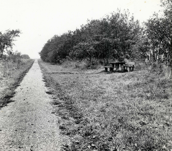 841013 Gezicht op een fietspad met picknickbank op een oude kade of dijk in de omgeving van Kockengen.